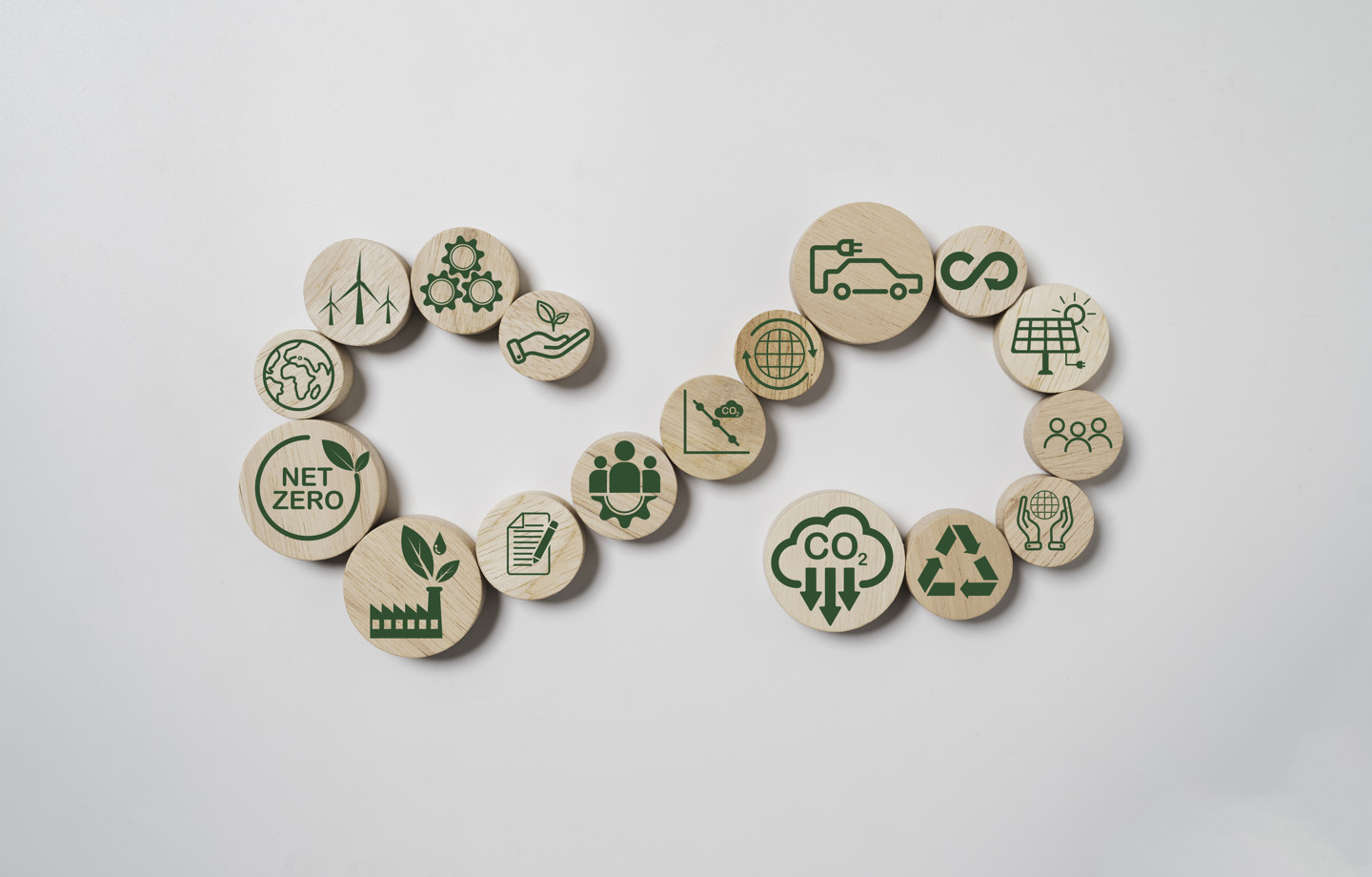 Wooden Infinity Shape With Circular Business Economy Environment Icons White Background Future Sustainable Investment Growth Reduce Environmental Pollution Concept